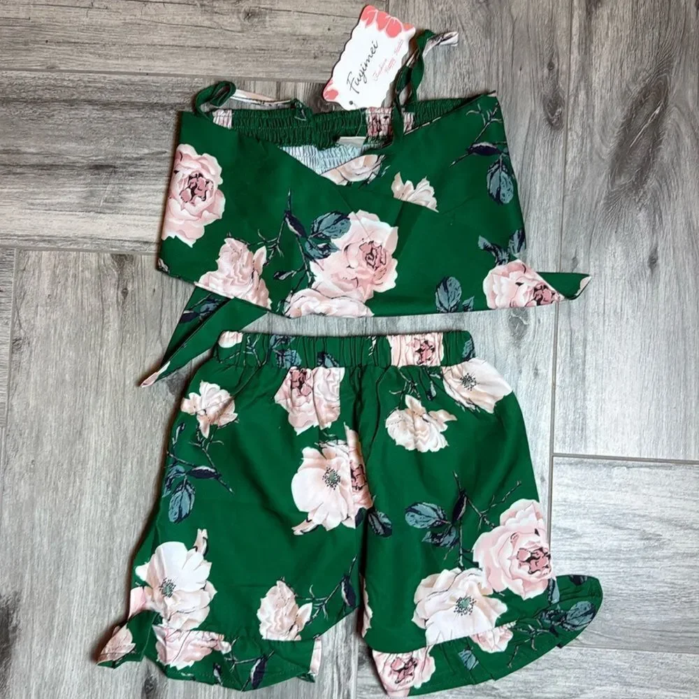 Baby Girls Summer Outfit Set in Green Floral 3-4T